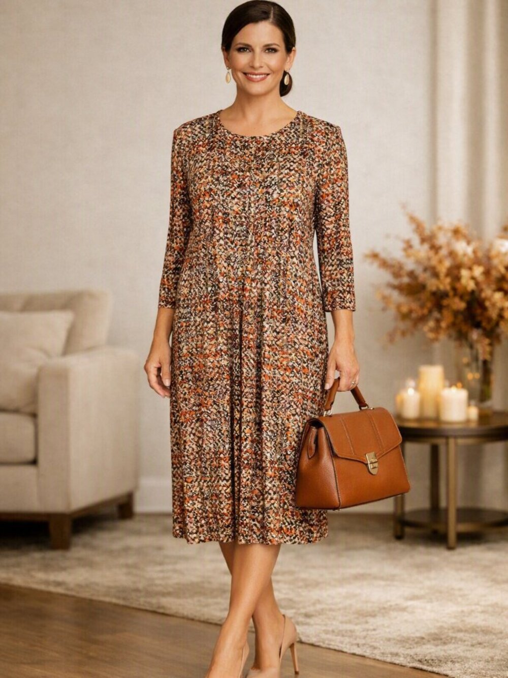 J.Jill Button Down No Wrinkle Elbow Length Sleeves Patterned Dress Size M